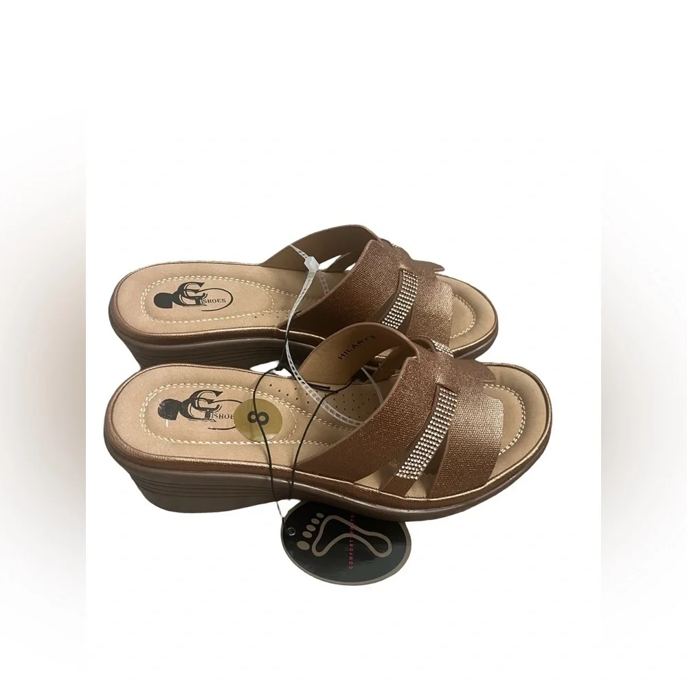 GC Women Brown Slide Sandals with Rhinestone Accents Wedge Heel Size:8. NWT.